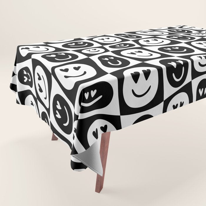 Black and white checkered love face pattern Tablecloth Gallery Image 1
