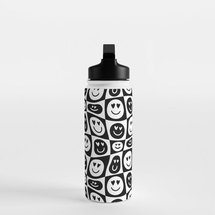 Black and white checkered love face pattern Water Bottle Gallery Image 3