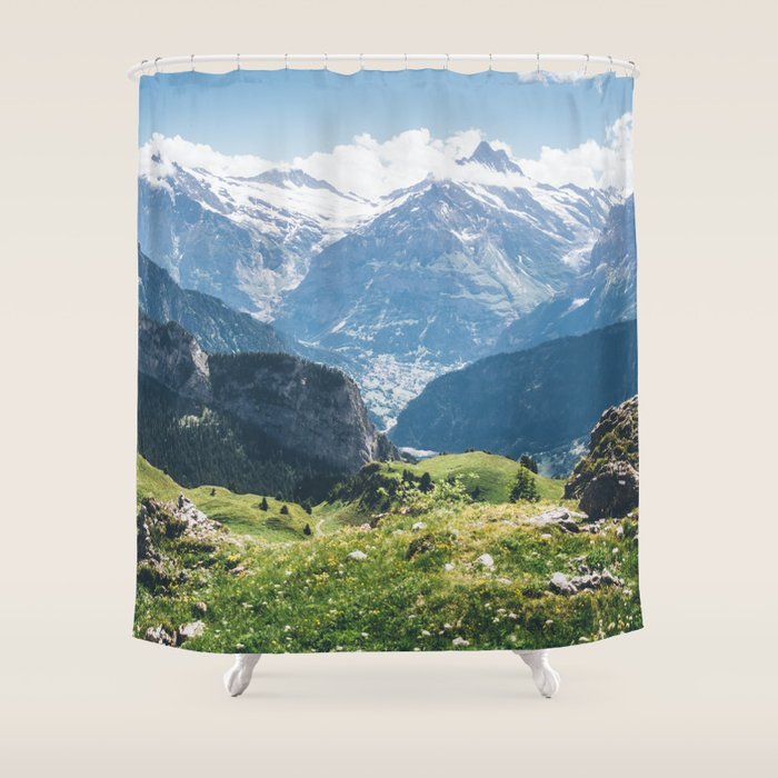 Swiss Alps Summer Landscape - Nature Photography - Jungfrau Mountain Peak Shower Curtain Gallery Image 1