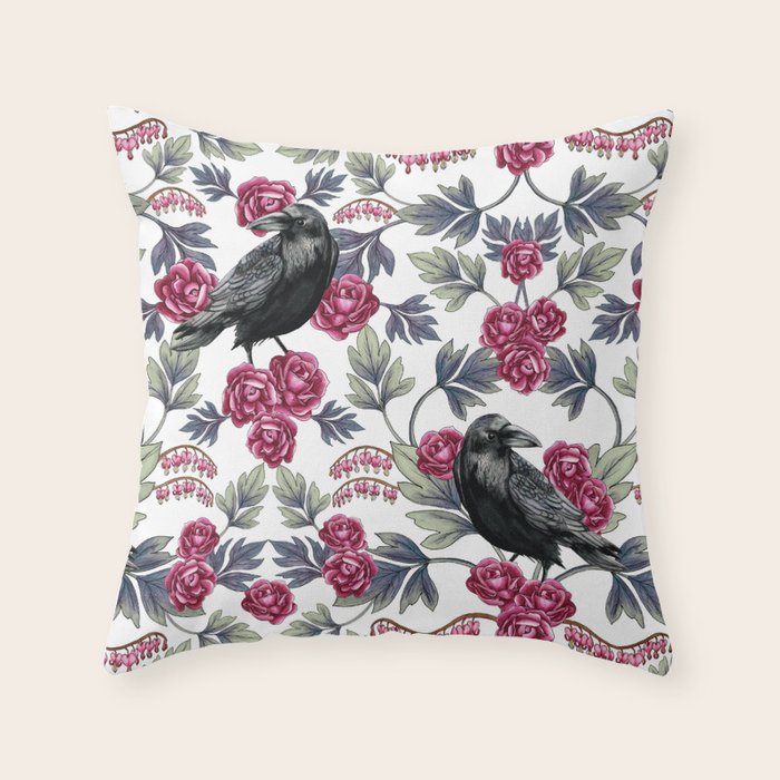 Crows, Bleeding Hearts & Roses Floral/Botanical Pattern Throw Pillow Gallery Image 1