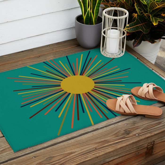 Mid Mod Sun II on Turquoise Teal Outdoor Rug Gallery Image 2