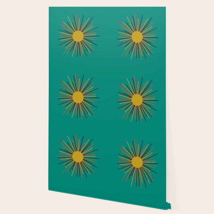 Mid Mod Sun II on Turquoise Teal Wallpaper Gallery Image 2