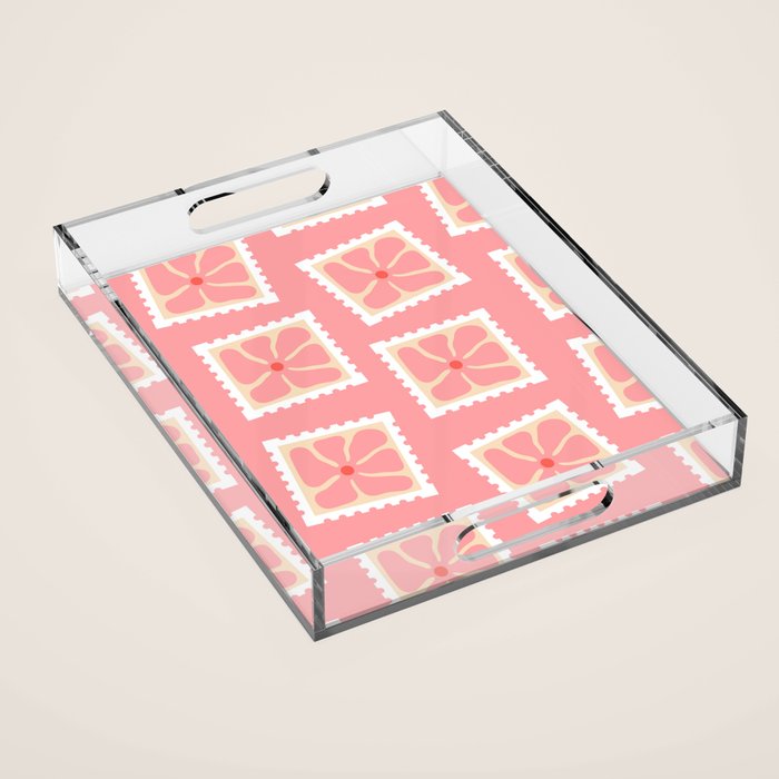 Vintage flower postage stamp pattern Acrylic Tray Gallery Image 1