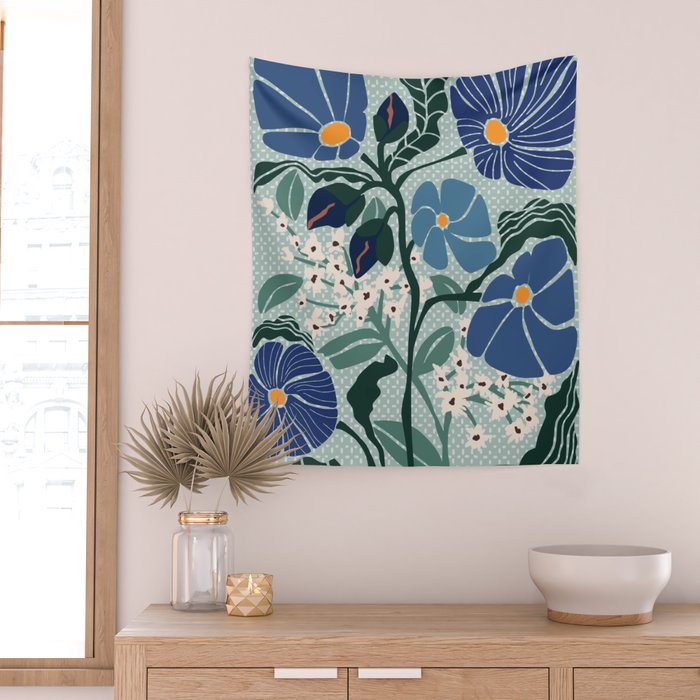 Klimt flowers light blue Wall Tapestry Gallery Image 2