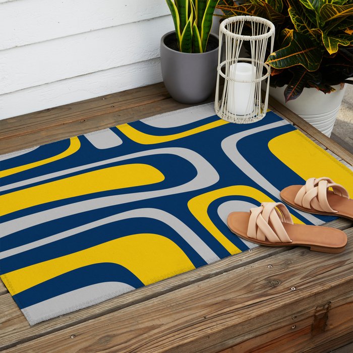 Palm Springs Mid Century Modern Retro Abstract Pattern Navy Blue Silver Gray Mustard Yellow Outdoor Rug Gallery Image 2