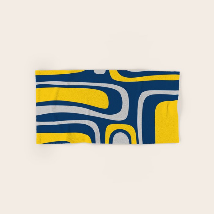 Palm Springs Mid Century Modern Retro Abstract Pattern Navy Blue Silver Gray Mustard Yellow Bath Towel Gallery Image 1