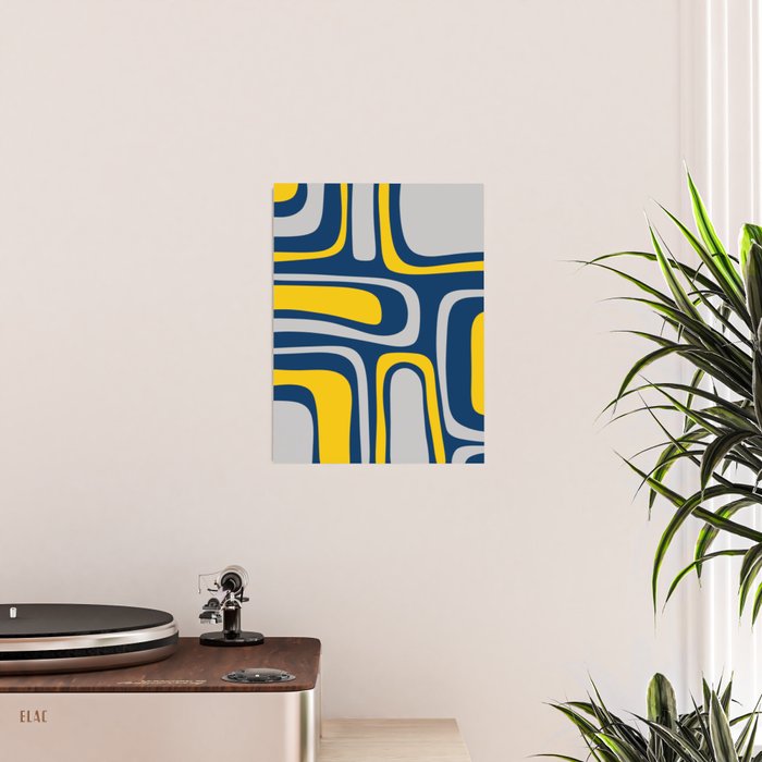 Palm Springs Mid Century Modern Retro Abstract Pattern Navy Blue Silver Gray Mustard Yellow Poster Gallery Image 2