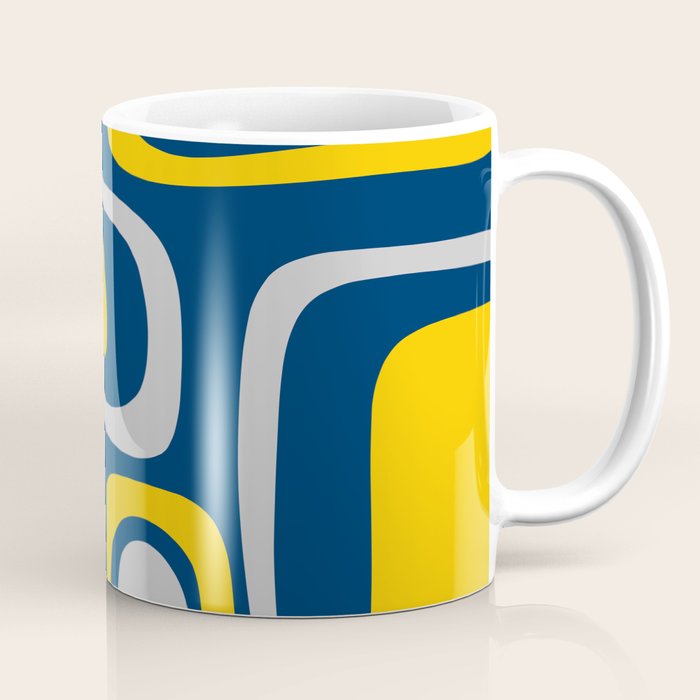 Palm Springs Mid Century Modern Retro Abstract Pattern Navy Blue Silver Gray Mustard Yellow Coffee Mug Gallery Image 1
