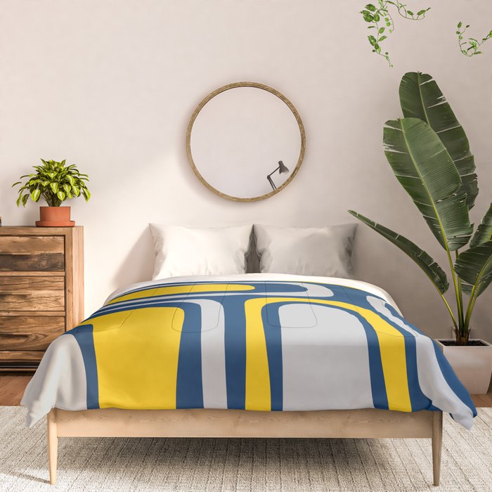 Palm Springs Mid Century Modern Retro Abstract Pattern Navy Blue Silver Gray Mustard Yellow Comforter Gallery Image 3