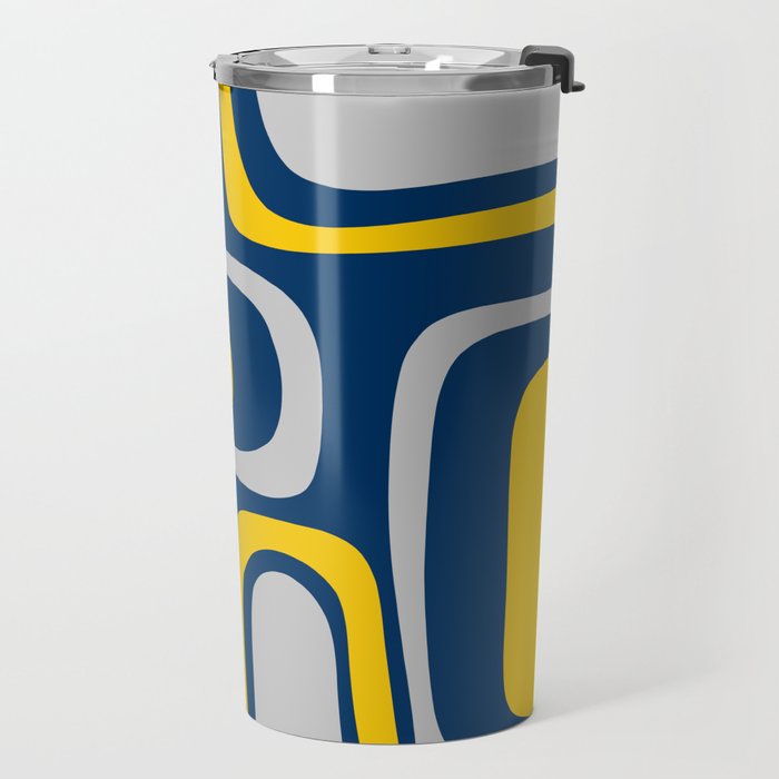 Palm Springs Mid Century Modern Retro Abstract Pattern Navy Blue Silver Gray Mustard Yellow Travel Mug Gallery Image 2