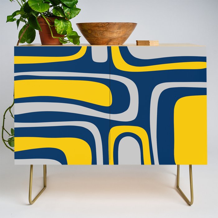 Palm Springs Mid Century Modern Retro Abstract Pattern Navy Blue Silver Gray Mustard Yellow Credenza Gallery Image 1