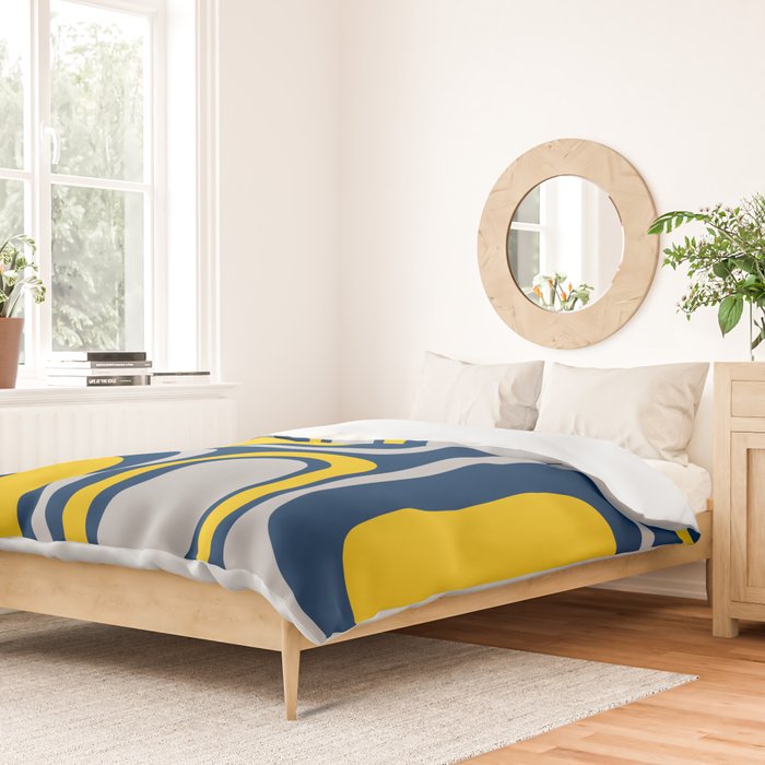 Palm Springs Mid Century Modern Retro Abstract Pattern Navy Blue Silver Gray Mustard Yellow Duvet Cover Gallery Image 2