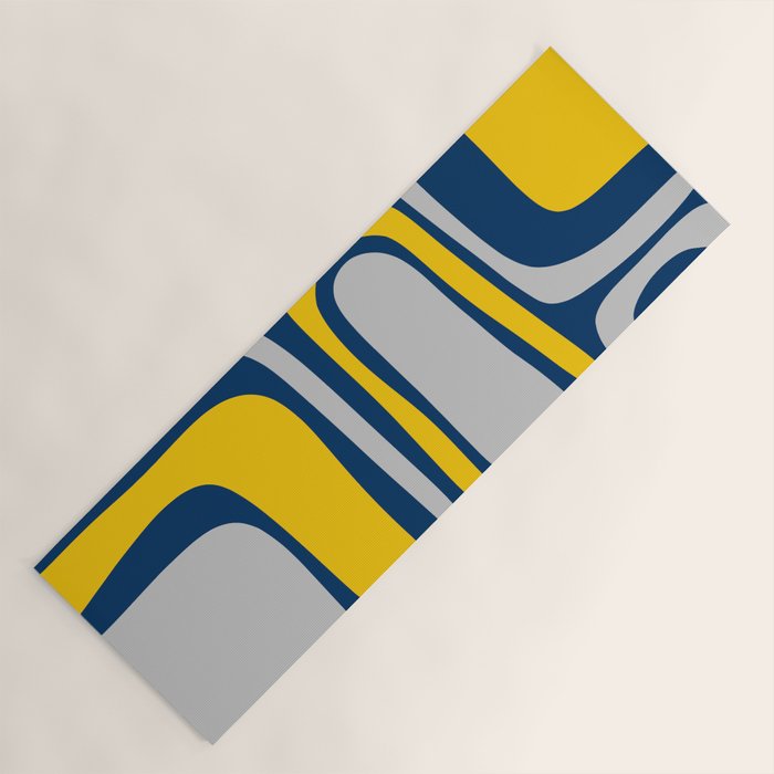 Palm Springs Mid Century Modern Retro Abstract Pattern Navy Blue Silver Gray Mustard Yellow Yoga Mat Gallery Image 1