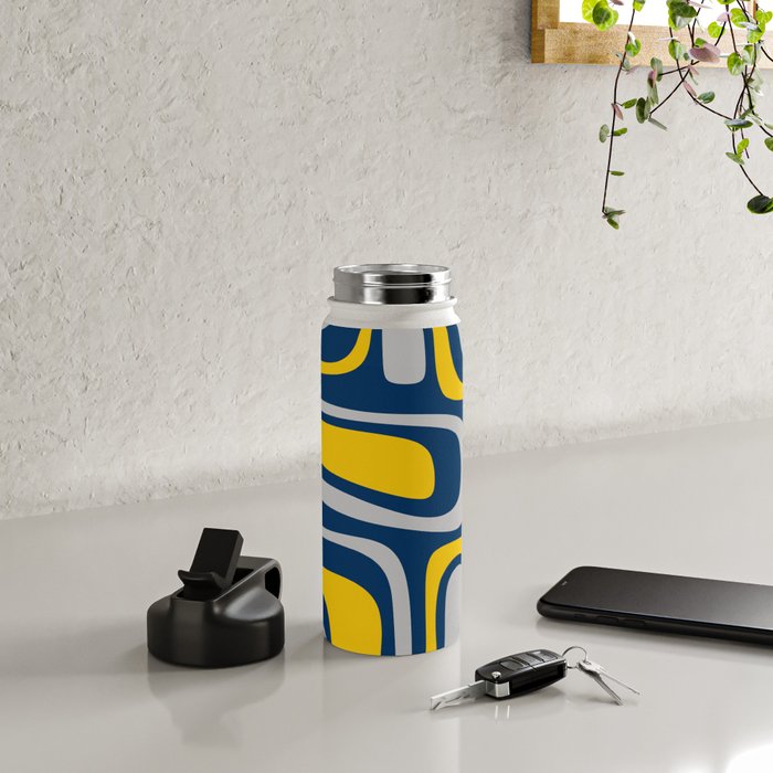 Palm Springs Mid Century Modern Retro Abstract Pattern Navy Blue Silver Gray Mustard Yellow Water Bottle Gallery Image 4