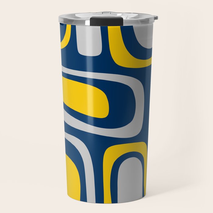 Palm Springs Mid Century Modern Retro Abstract Pattern Navy Blue Silver Gray Mustard Yellow Travel Mug Gallery Image 1