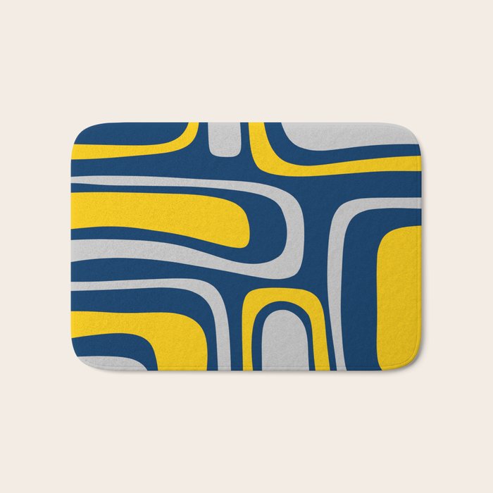 Palm Springs Mid Century Modern Retro Abstract Pattern Navy Blue Silver Gray Mustard Yellow Bath Mat Gallery Image 1
