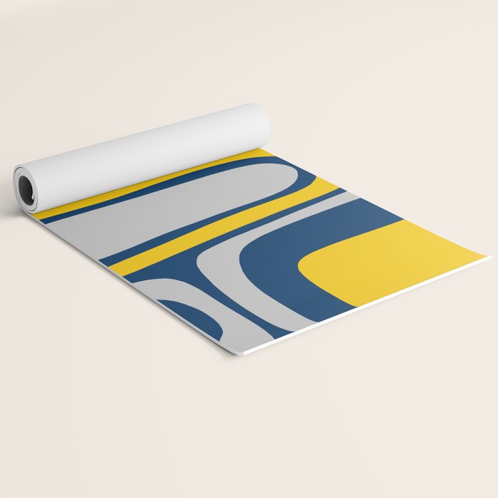 Palm Springs Mid Century Modern Retro Abstract Pattern Navy Blue Silver Gray Mustard Yellow Yoga Mat Gallery Image 2