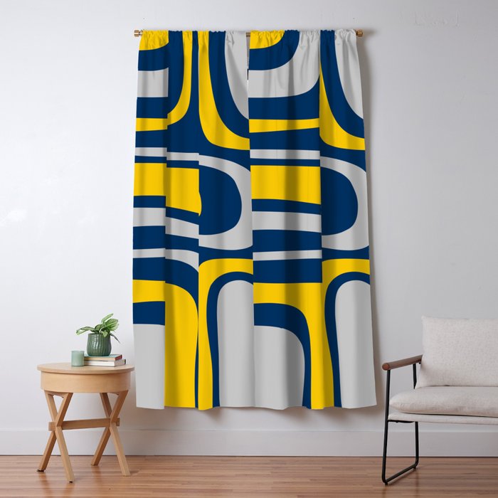 Palm Springs Mid Century Modern Retro Abstract Pattern Navy Blue Silver Gray Mustard Yellow Window Curtain Gallery Image 5