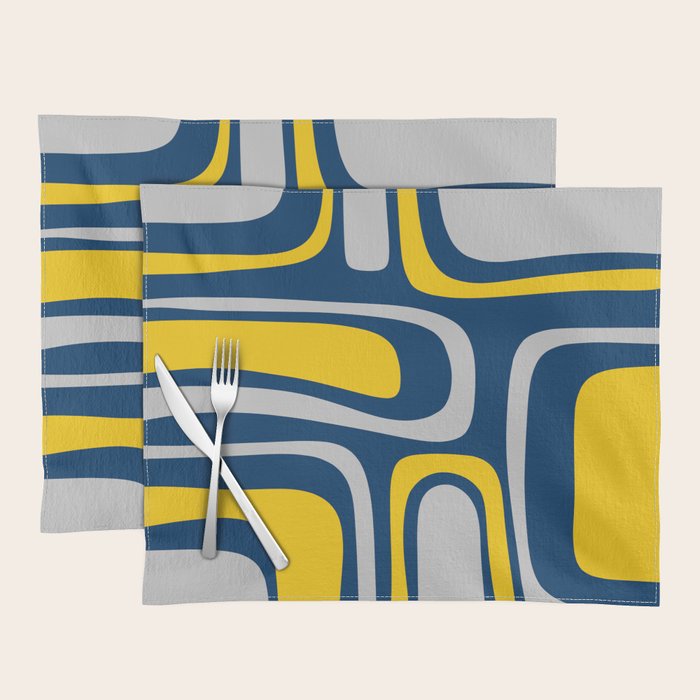 Palm Springs Mid Century Modern Retro Abstract Pattern Navy Blue Silver Gray Mustard Yellow Placemat Gallery Image 1