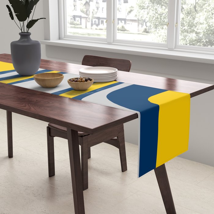 Palm Springs Mid Century Modern Retro Abstract Pattern Navy Blue Silver Gray Mustard Yellow Table Runner Gallery Image 2