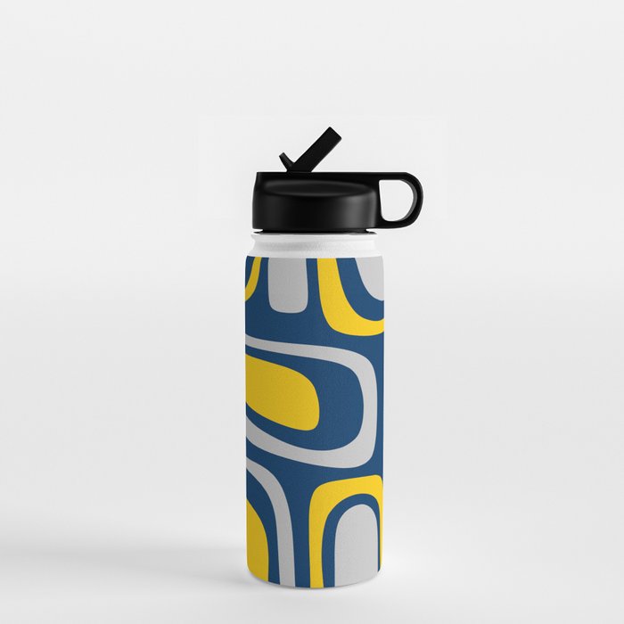 Palm Springs Mid Century Modern Retro Abstract Pattern Navy Blue Silver Gray Mustard Yellow Water Bottle Gallery Image 1