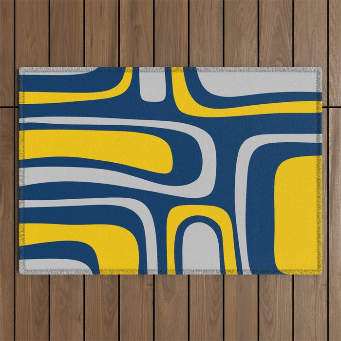 Palm Springs Mid Century Modern Retro Abstract Pattern Navy Blue Silver Gray Mustard Yellow Outdoor Rug Gallery Image 1