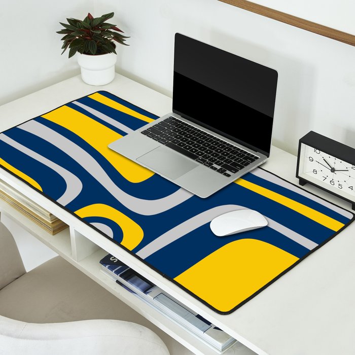 Palm Springs Mid Century Modern Retro Abstract Pattern Navy Blue Silver Gray Mustard Yellow Desk Mat Gallery Image 2