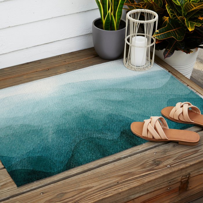 Sunrise in the mountains, dawn, teal, abstract watercolor Outdoor Rug Gallery Image 2