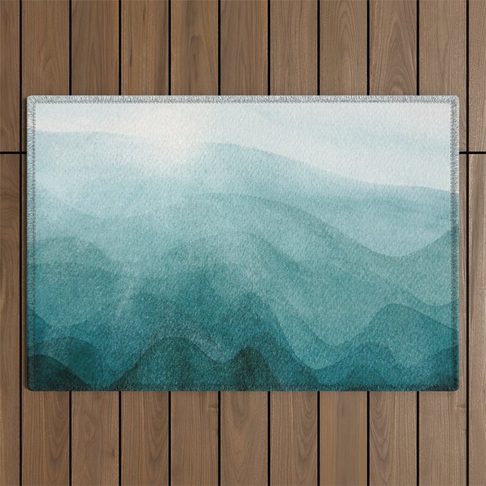 Sunrise in the mountains, dawn, teal, abstract watercolor Outdoor Rug Gallery Image 1