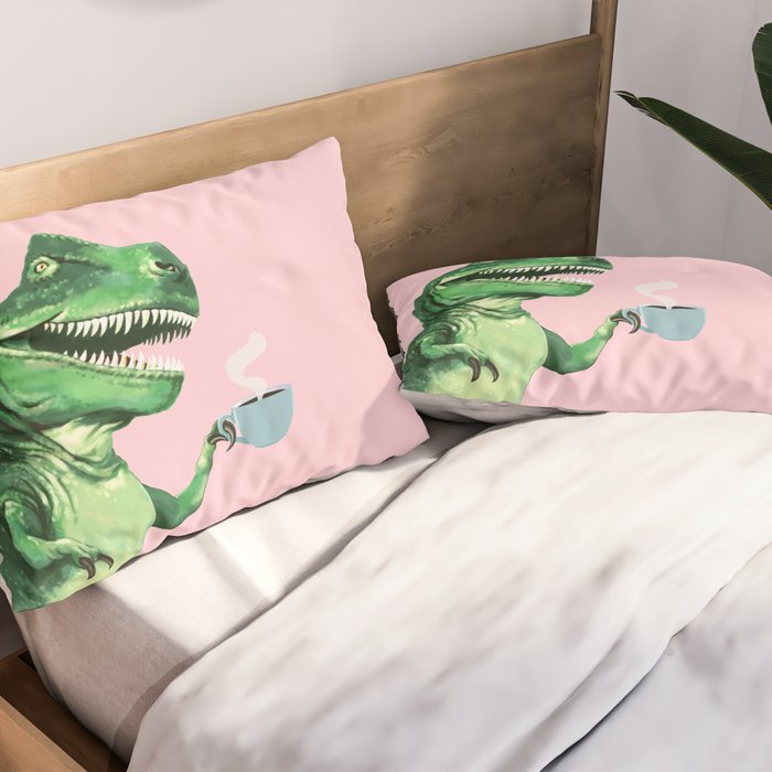 T-Rex Enjoying Coffee in Pink Pillow Sham Gallery Image 2