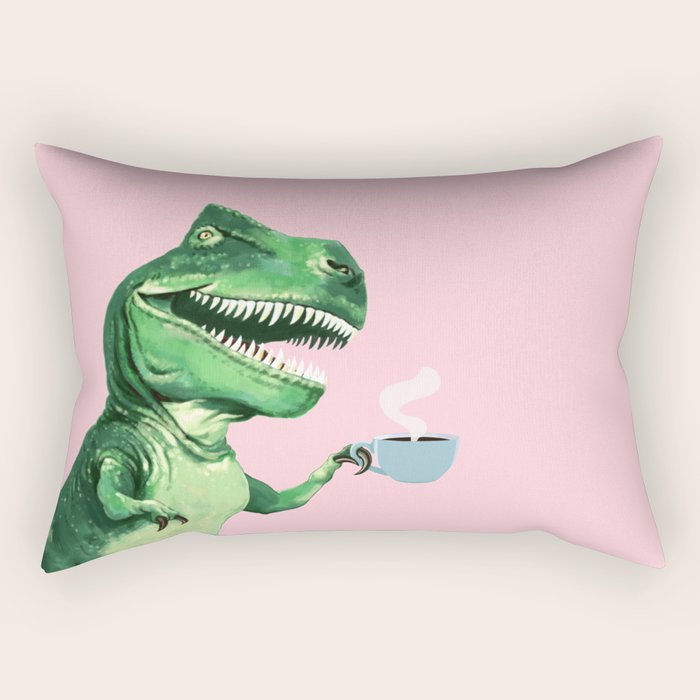 T-Rex Enjoying Coffee in Pink Rectangular Pillow Gallery Image 1