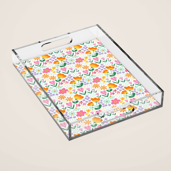 Colorful retro flower folk art pattern Acrylic Tray Gallery Image 1