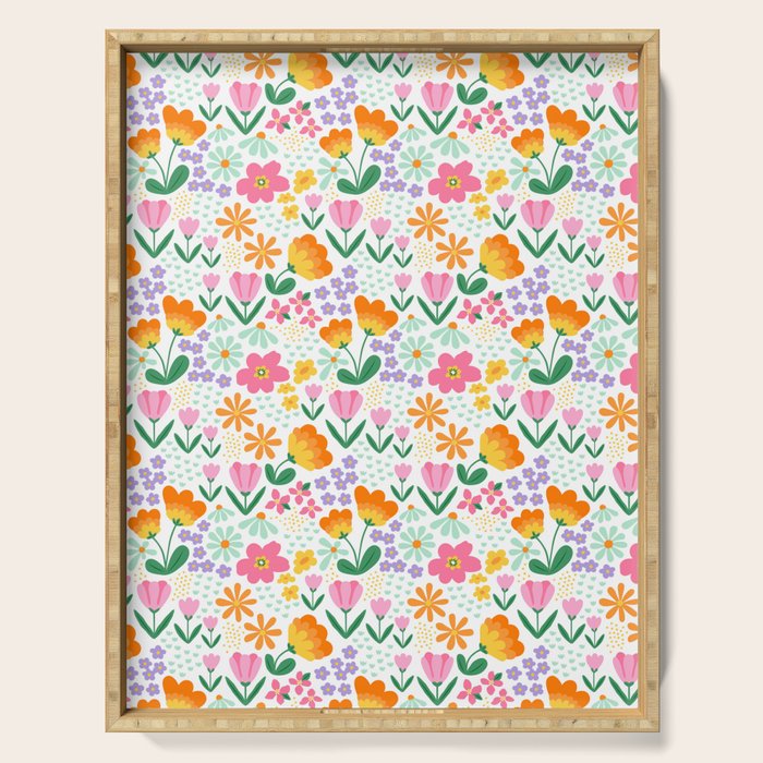 Colorful retro flower folk art pattern Serving Tray Gallery Image 1