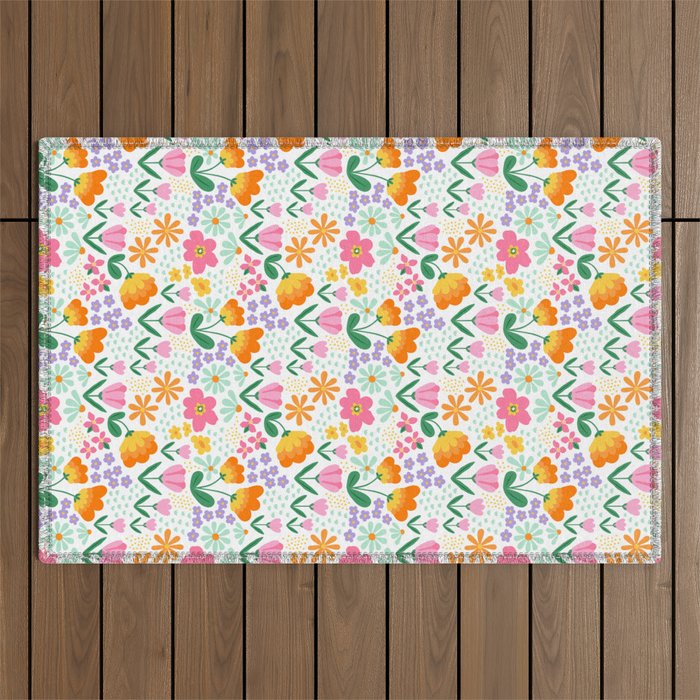Colorful retro flower folk art pattern Outdoor Rug Gallery Image 1
