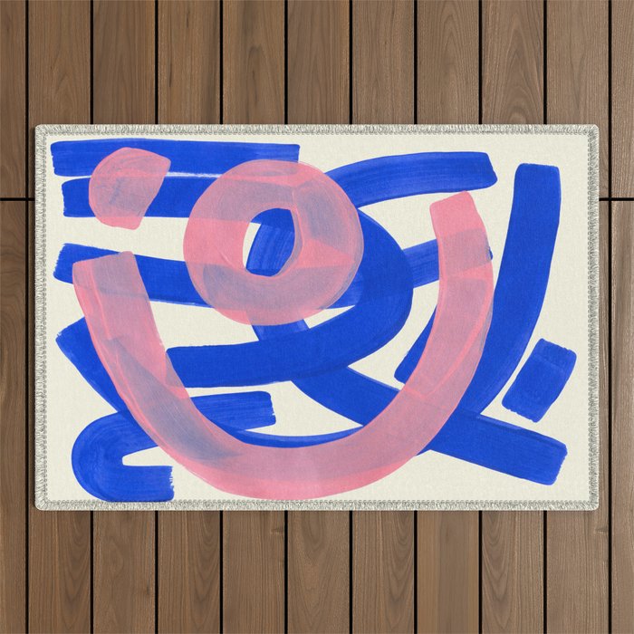Tribal Pink Blue Fun Colorful Mid Century Modern Abstract Painting Shapes Pattern Outdoor Rug Gallery Image 1