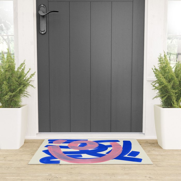Tribal Pink Blue Fun Colorful Mid Century Modern Abstract Painting Shapes Pattern Welcome Mat Gallery Image 3