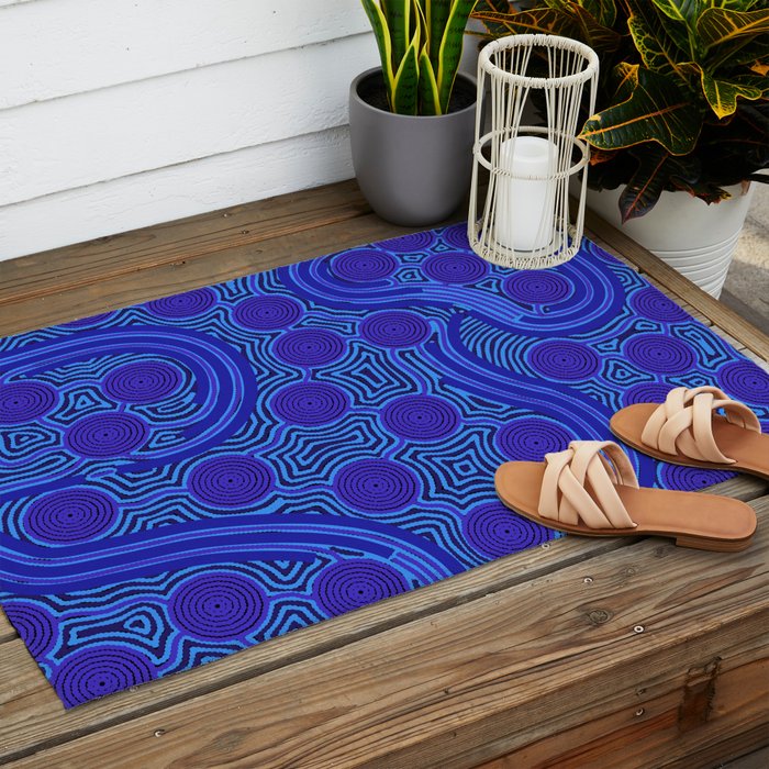 The Rivers around Us (blue) - Authentic Aboriginal Art Outdoor Rug Gallery Image 2