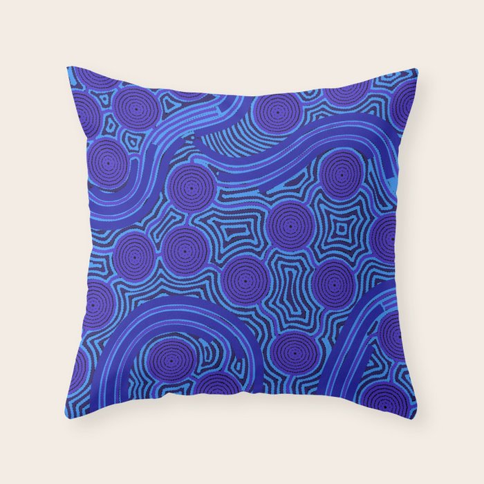 The Rivers around Us (blue) - Authentic Aboriginal Art Throw Pillow Gallery Image 6