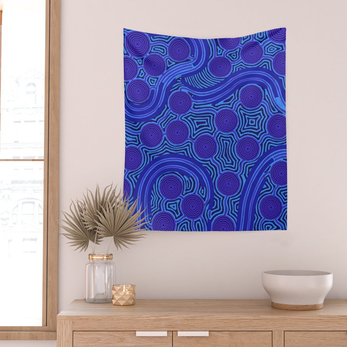 The Rivers around Us (blue) - Authentic Aboriginal Art Wall Tapestry Gallery Image 2