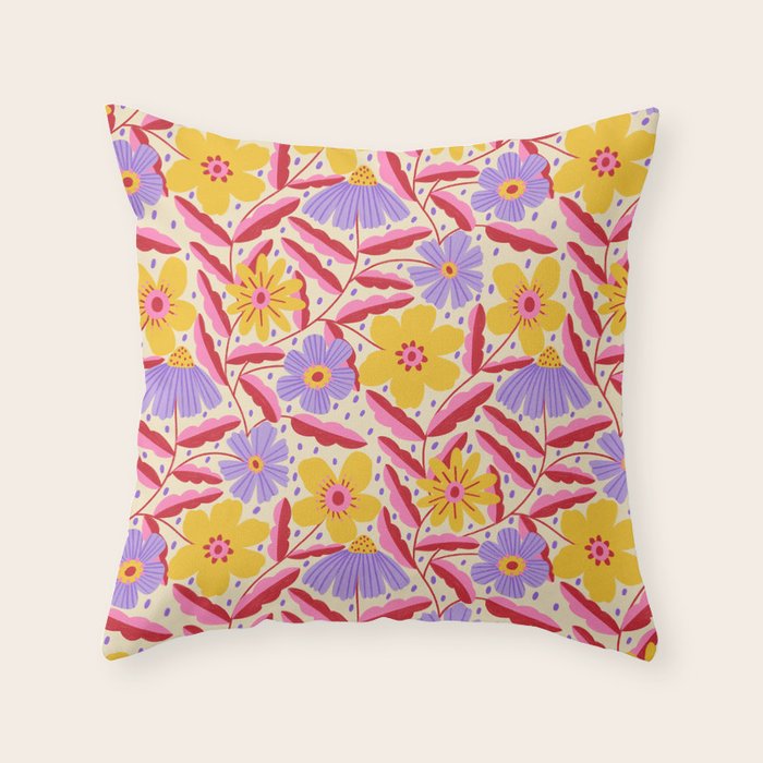 Flower Garden - Yellow & Purple  Throw Pillow Gallery Image 1