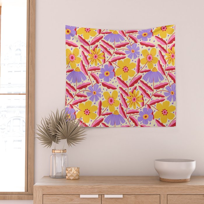 Flower Garden - Yellow & Purple  Wall Tapestry Gallery Image 2