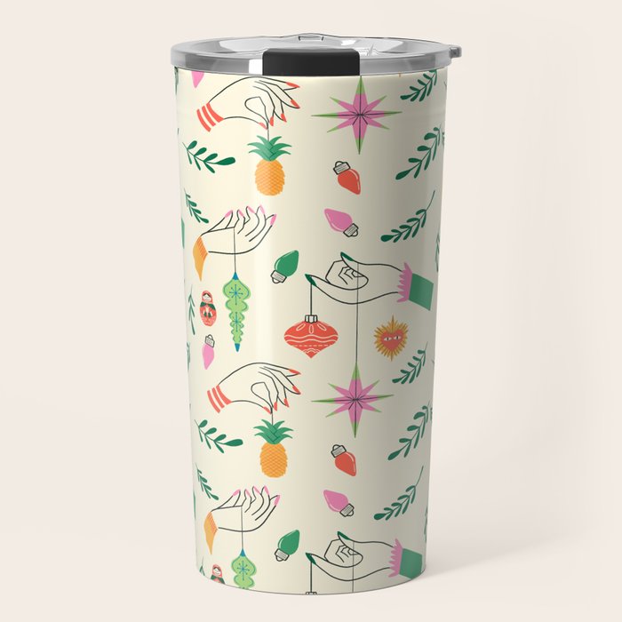 Tree Trimming Hands and Retro Ornaments Travel Mug Gallery Image 1