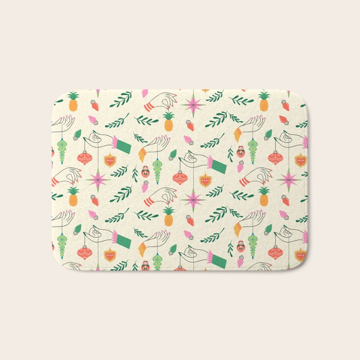 Tree Trimming Hands and Retro Ornaments Bath Mat Gallery Image 1