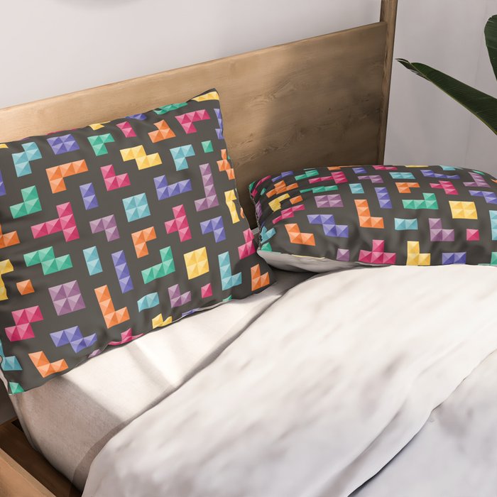Tetris bricks jewel tones on black pattern Pillow Sham Gallery Image 2