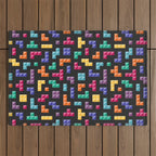 Tetris bricks jewel tones on black pattern Outdoor Rug Gallery Image 1