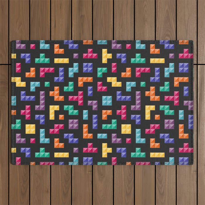 Tetris bricks jewel tones on black pattern Outdoor Rug Gallery Image 1