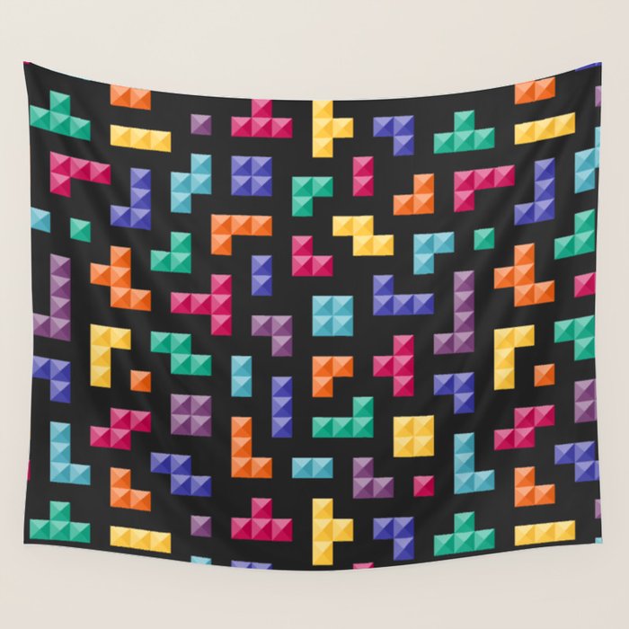 Tetris bricks jewel tones on black pattern Wall Tapestry Gallery Image 1