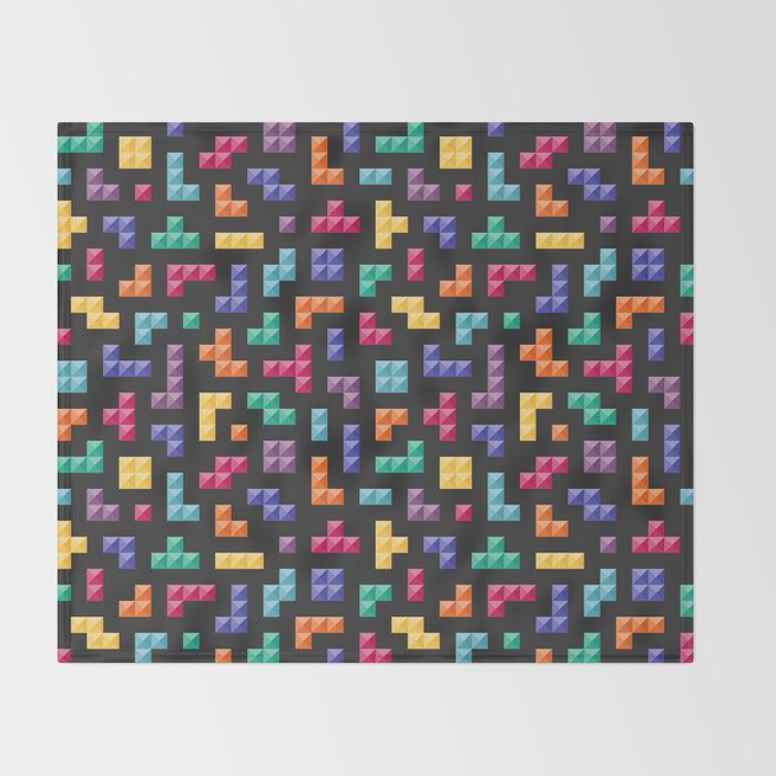 Tetris bricks jewel tones on black pattern Throw Blanket Gallery Image 2