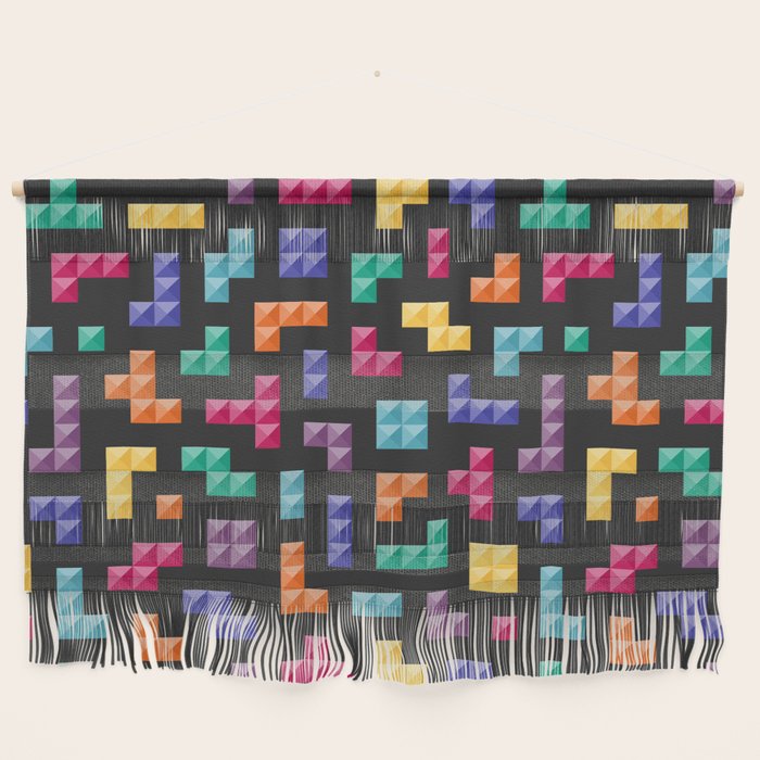Tetris bricks jewel tones on black pattern Wall Hanging Gallery Image 1