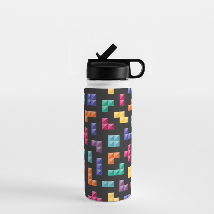 Tetris bricks jewel tones on black pattern Water Bottle Gallery Image 1